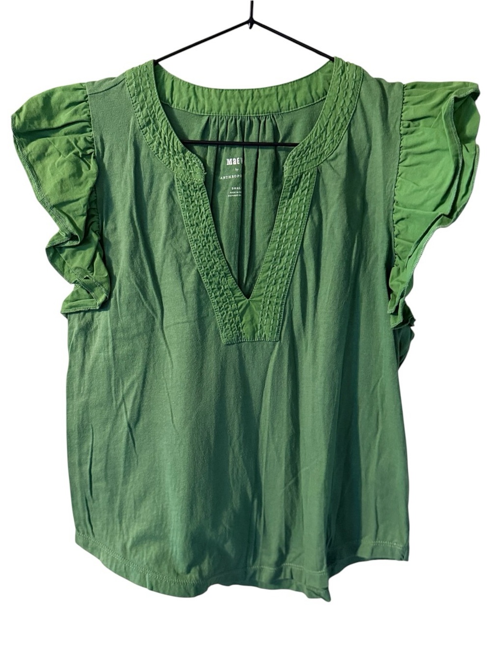 Maeve Emerald Green Ruffle Sleeve V-Neck Blouse